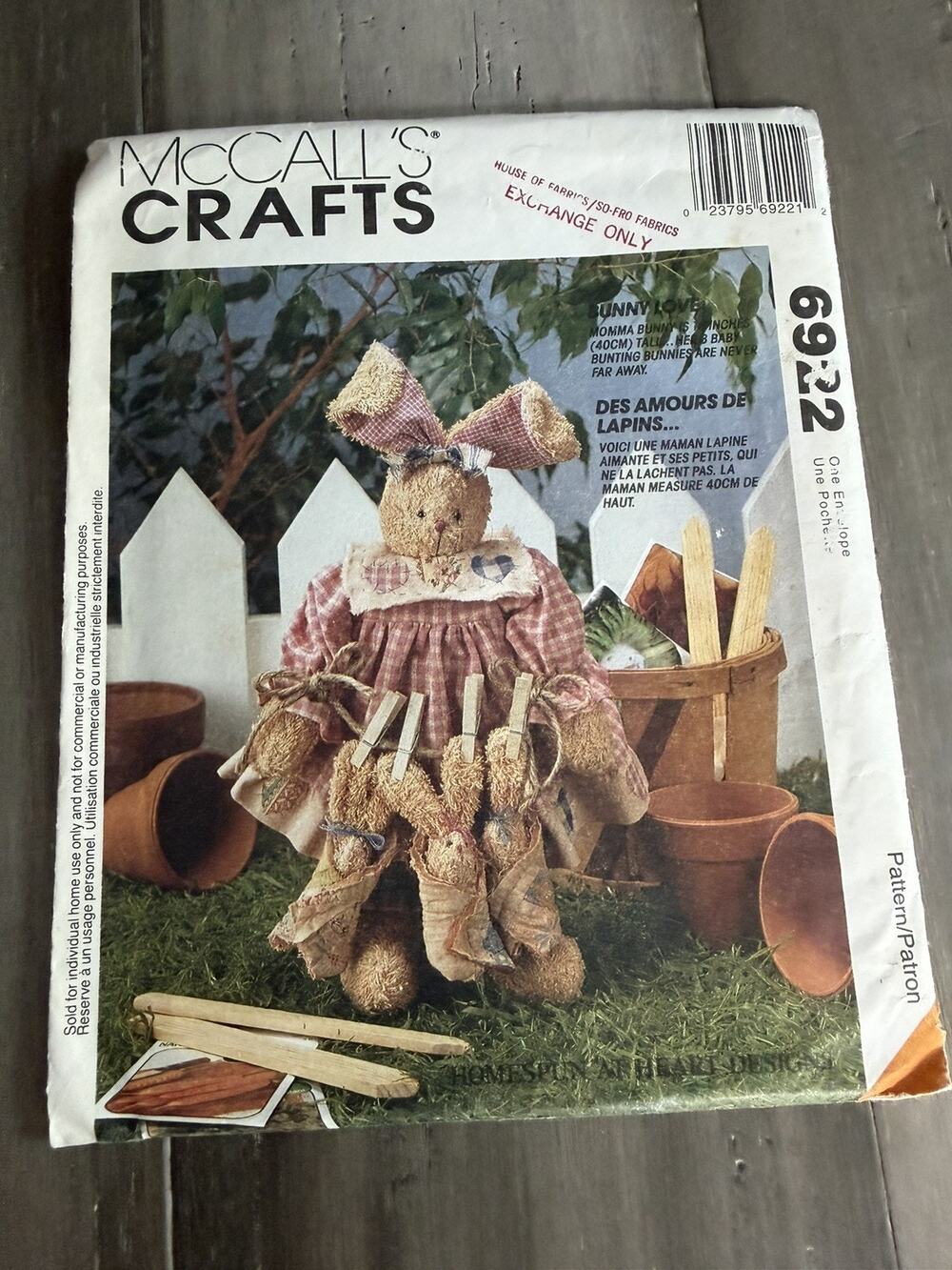 Vintage 1994 McCall’s Crafts Bunny Mom and Babies pattern 6922 Uncut Folded